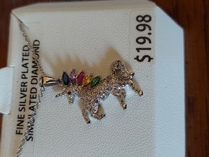 Silver plated simulated diamond unicorn necklace